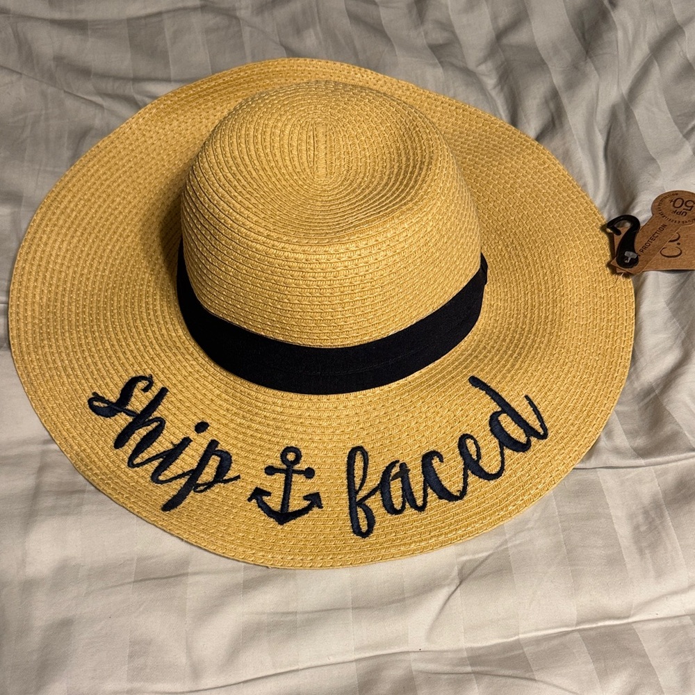 New NWT C.C. Exclusives Cruise Straw Hat with Blue Band “ship faced” nautical